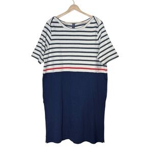 Lands' End Nautical Striped Button Back Knit Dress Size L Knee Length Pockets